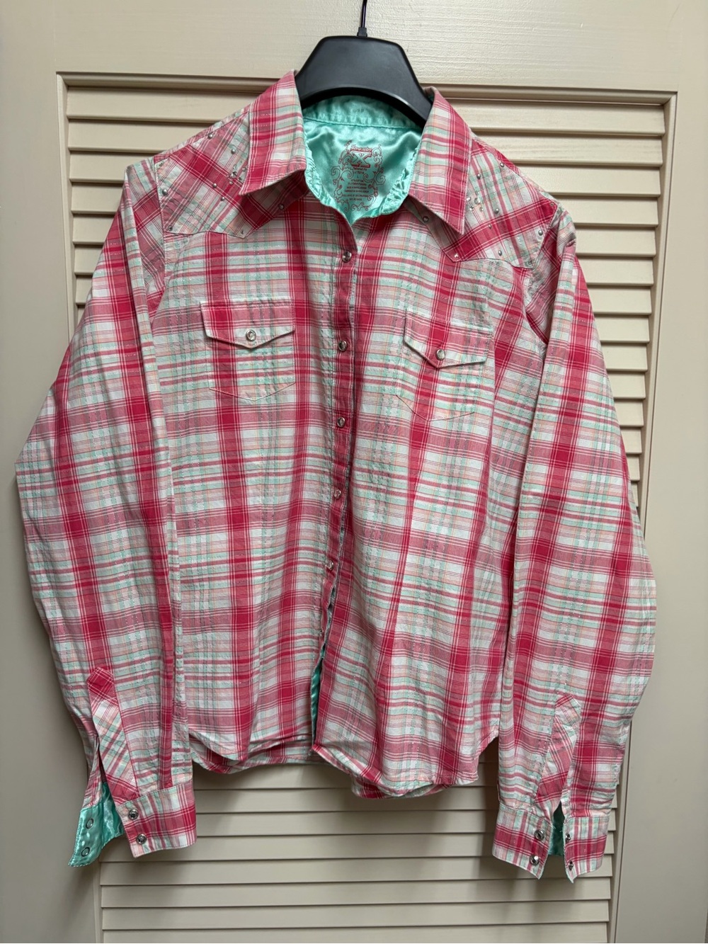 Twenty X Western Shirt Womens L Pink Plaid Snap Rhinestone Snap Button Cowgirl